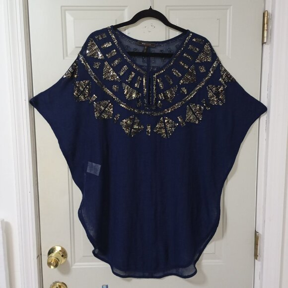 BCBGMaxAzria Tops - BCBGMaxAzria Navy Blue Sequin Embellished Poncho Tunic Top Size OS Bohemia Light